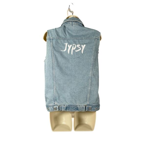 Topshop Moto Denim Vest US 4 Cotton Light Wash Cut Off Sleeves Jypsy Embroidery - Picture 5 of 9